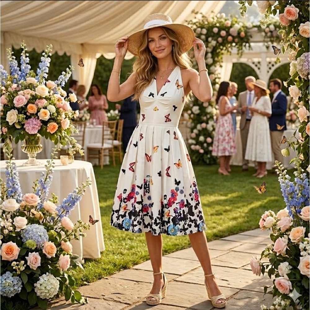 Belle Poque 50's Inspo Butterfly Floral Cream Print A-line Dress Sleeveless M
